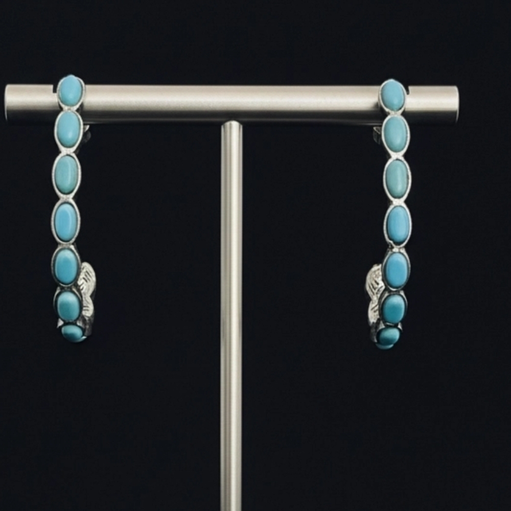 Turquoise Oval Stone Hoop Earrings - Silver-Tone  Hoops